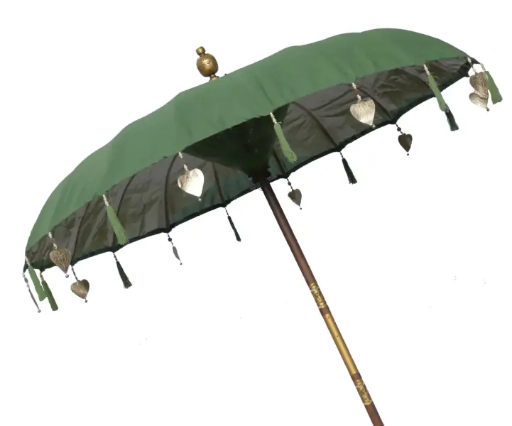 Product image of the product “Bali umbrella, Moss with wooden coins and gold leaves hanging around the edge. Approx. 190cm dia. and 250cm height ”